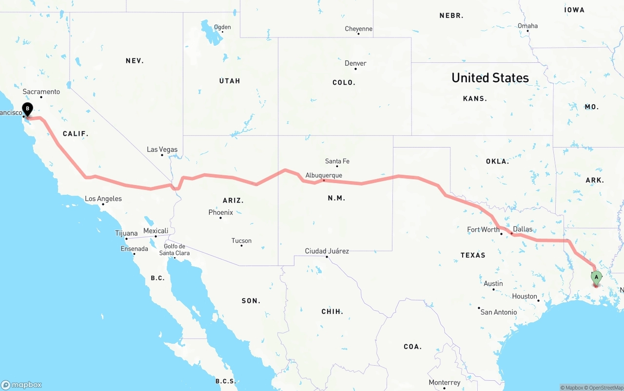 Shipping route from Louisiana to Oakland International Airport