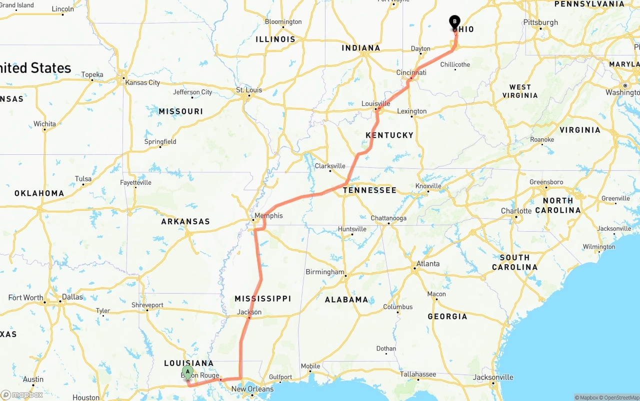 Shipping route from Louisiana to Ohio