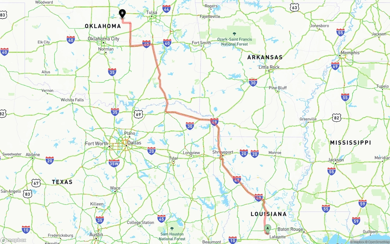 Shipping route from Louisiana to Oklahoma