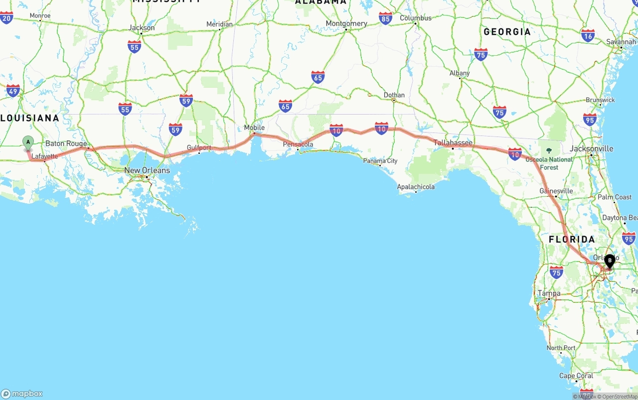 Shipping route from Louisiana to Orlando International Airport