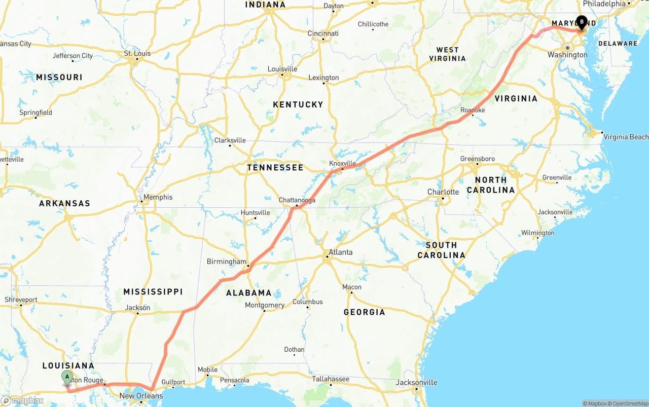 Shipping route from Louisiana to Port of Baltimore