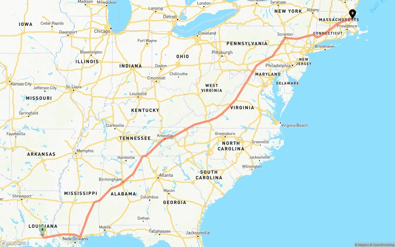 Shipping route from Louisiana to Port of Boston