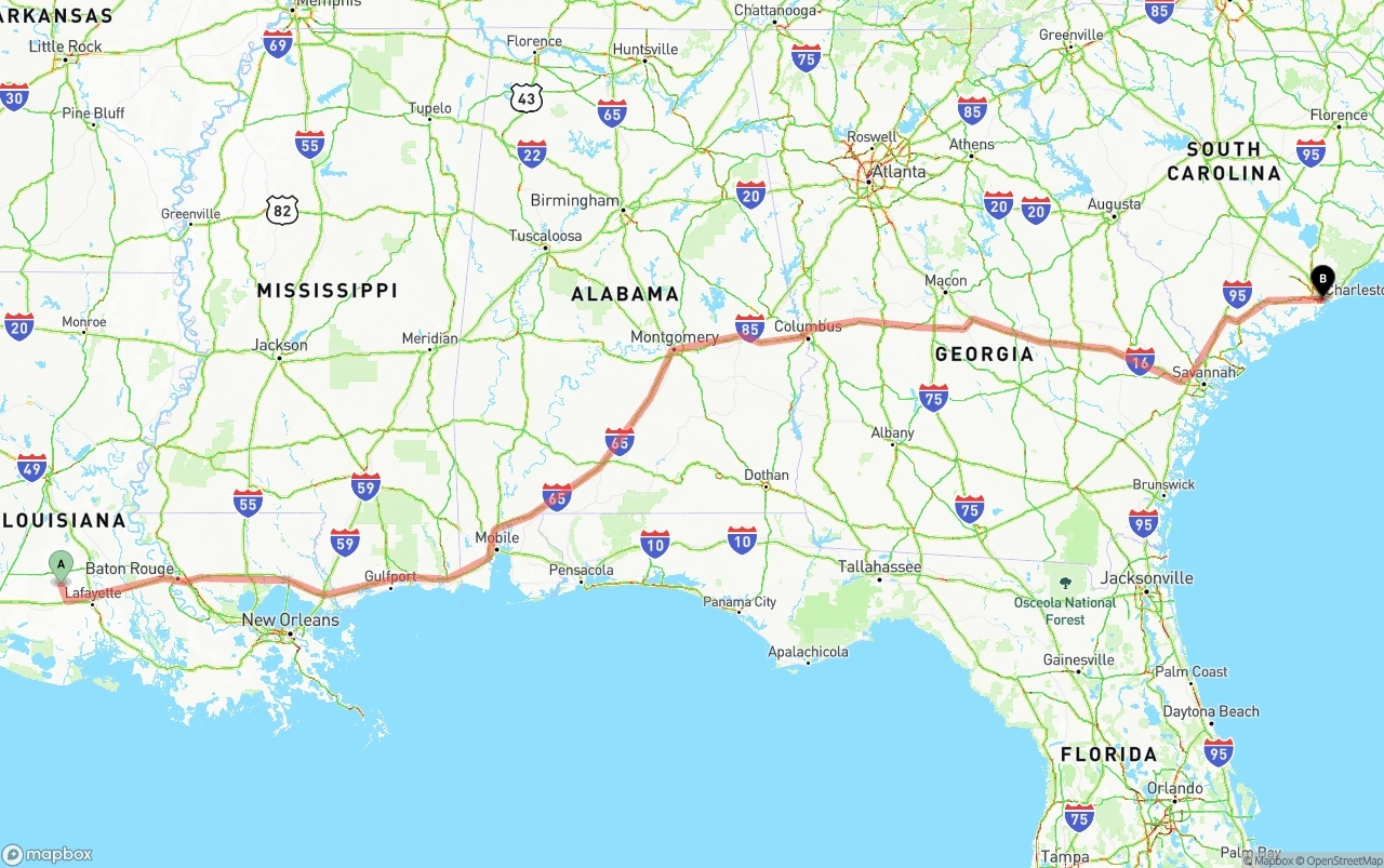 Shipping route from Louisiana to Port of Charleston