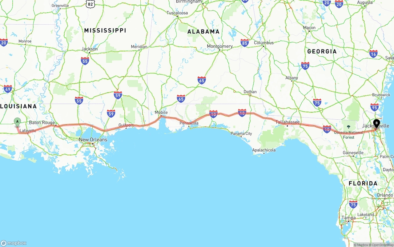 Shipping route from Louisiana to Port of Jacksonville