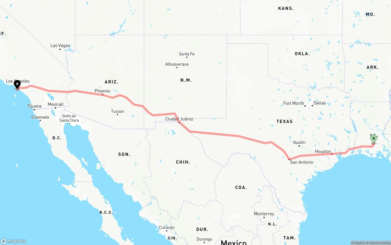 Shipping route from Louisiana to Port of Los Angeles
