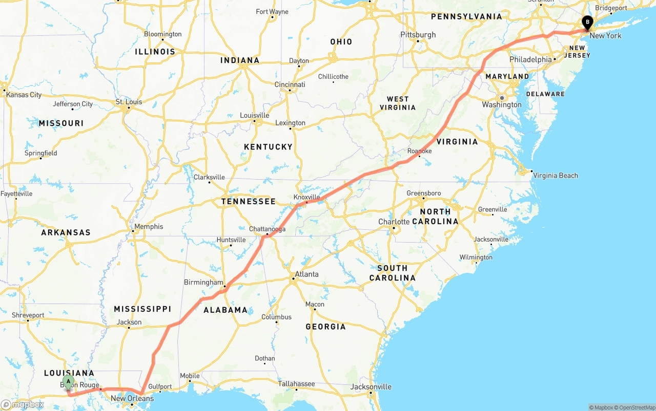 Shipping route from Louisiana to Port of New York