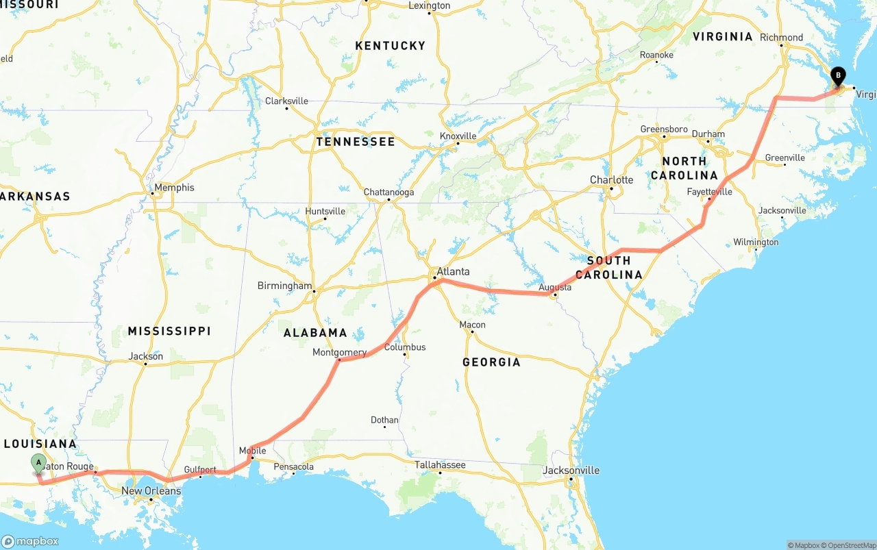 Shipping route from Louisiana to Port of Norfolk