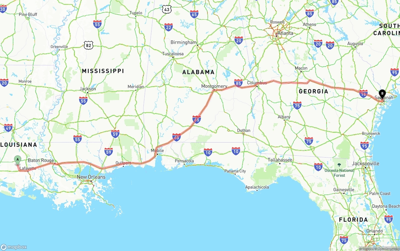 Shipping route from Louisiana to Port of Savannah