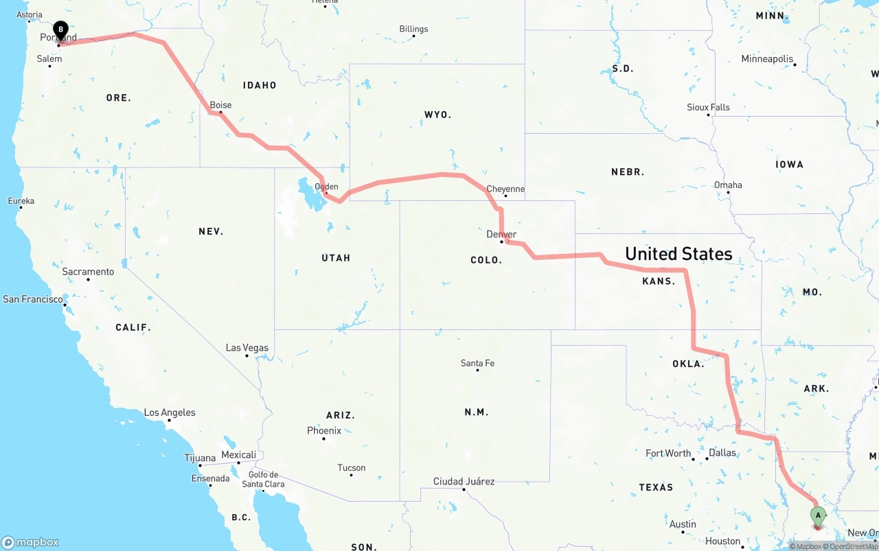 Shipping route from Louisiana to Portland International Airport