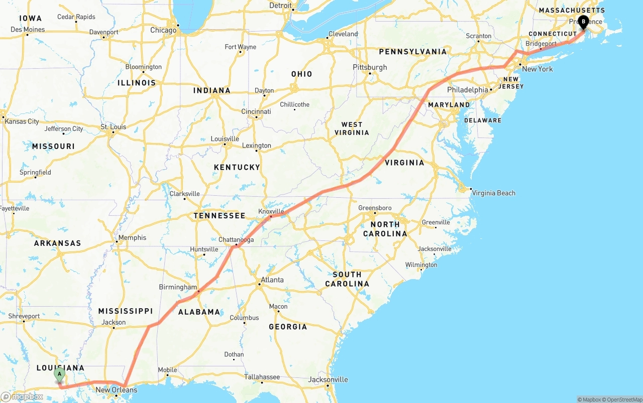 Shipping route from Louisiana to Rhode Island