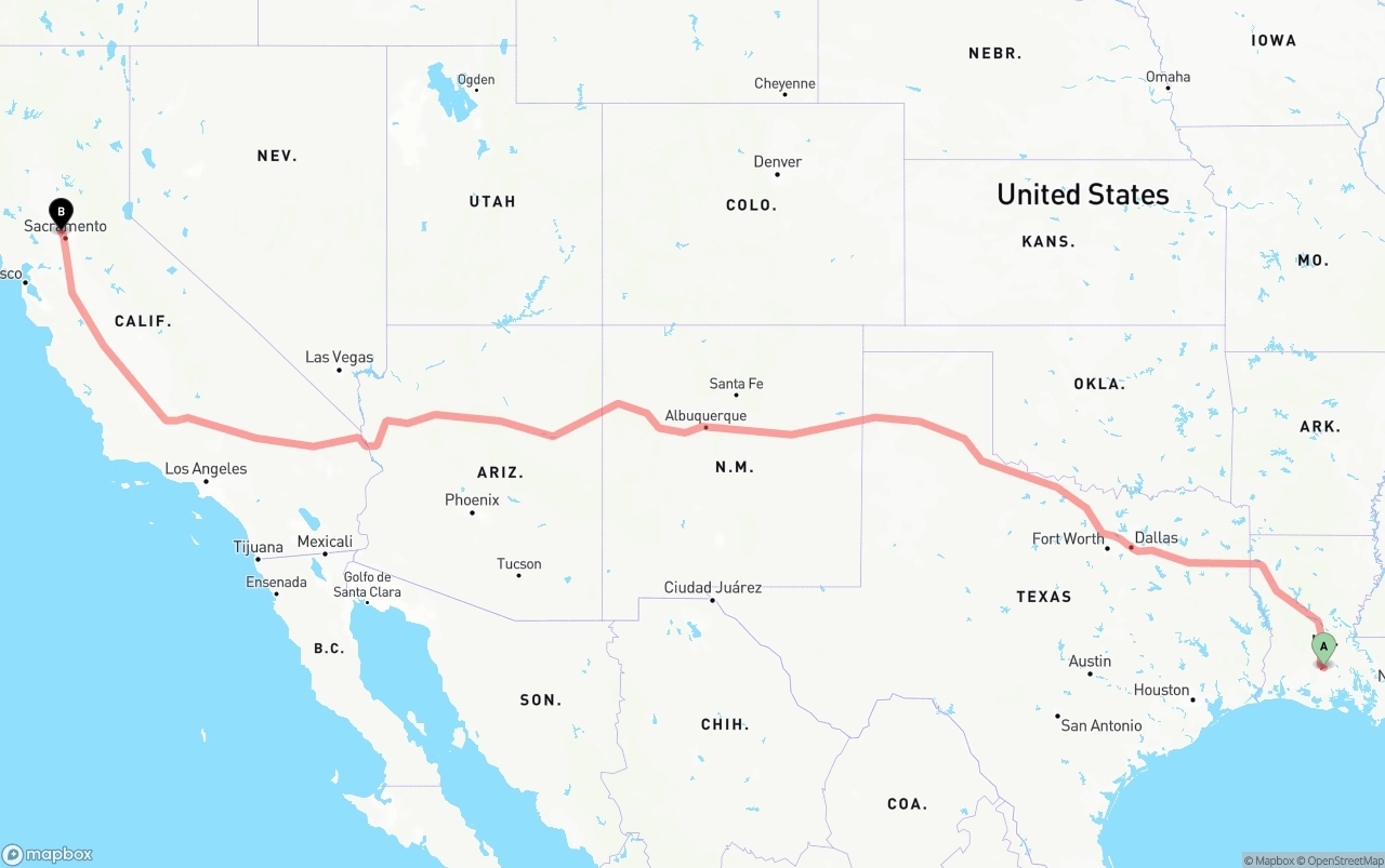 Shipping route from Louisiana to Sacramento International Airport