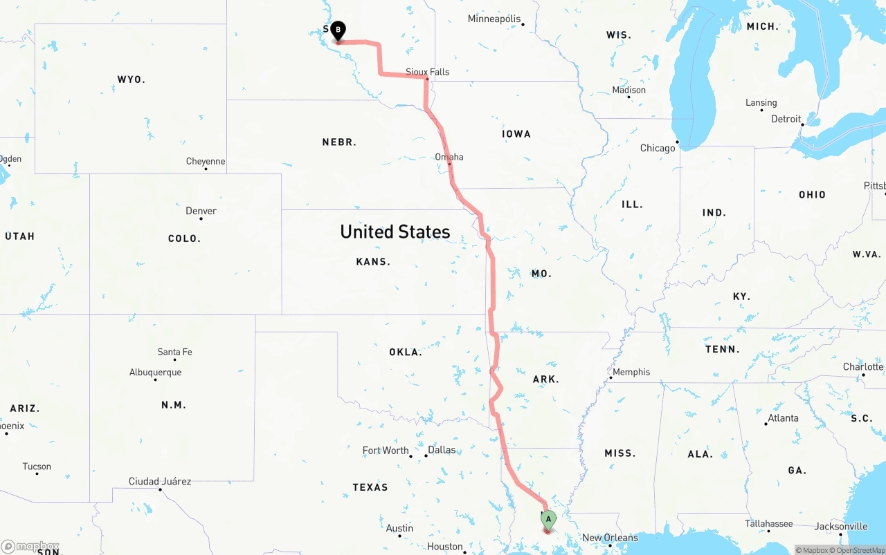 Shipping route from Louisiana to South Dakota