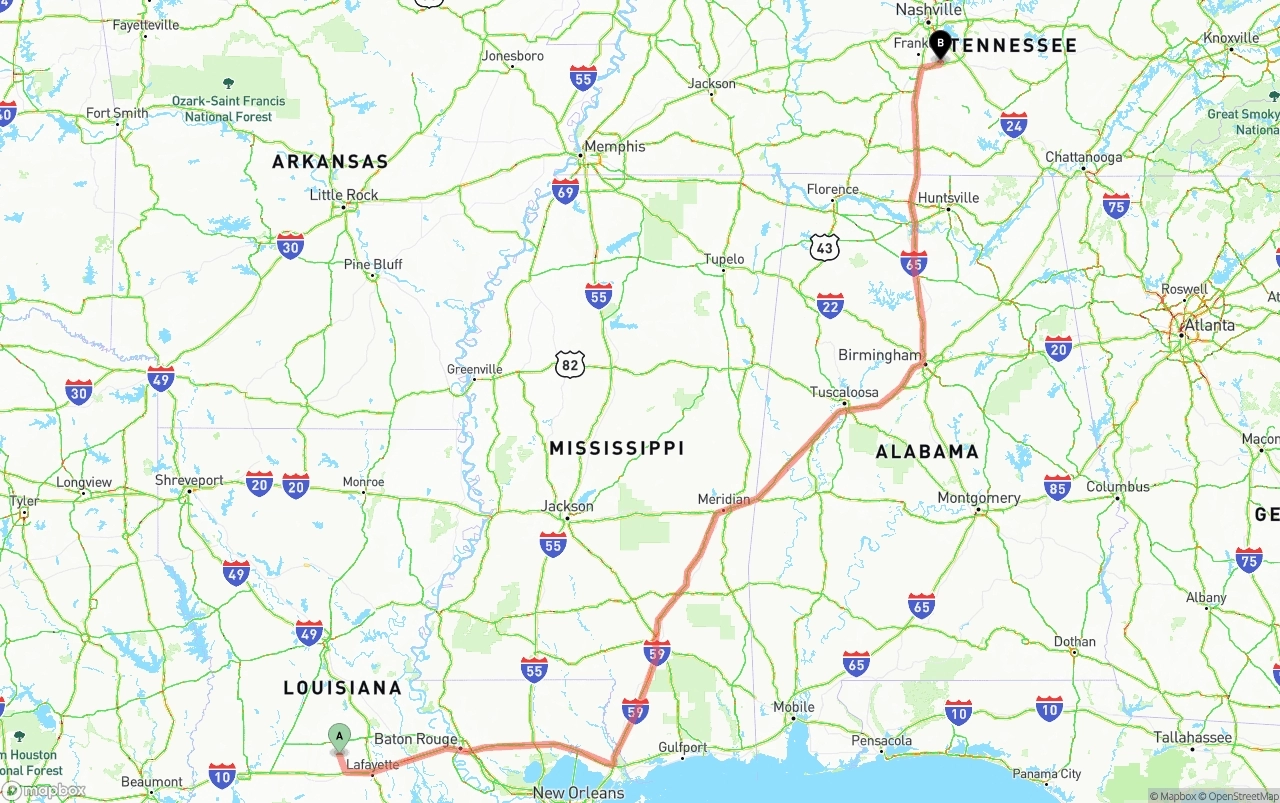 Shipping route from Louisiana to Tennessee