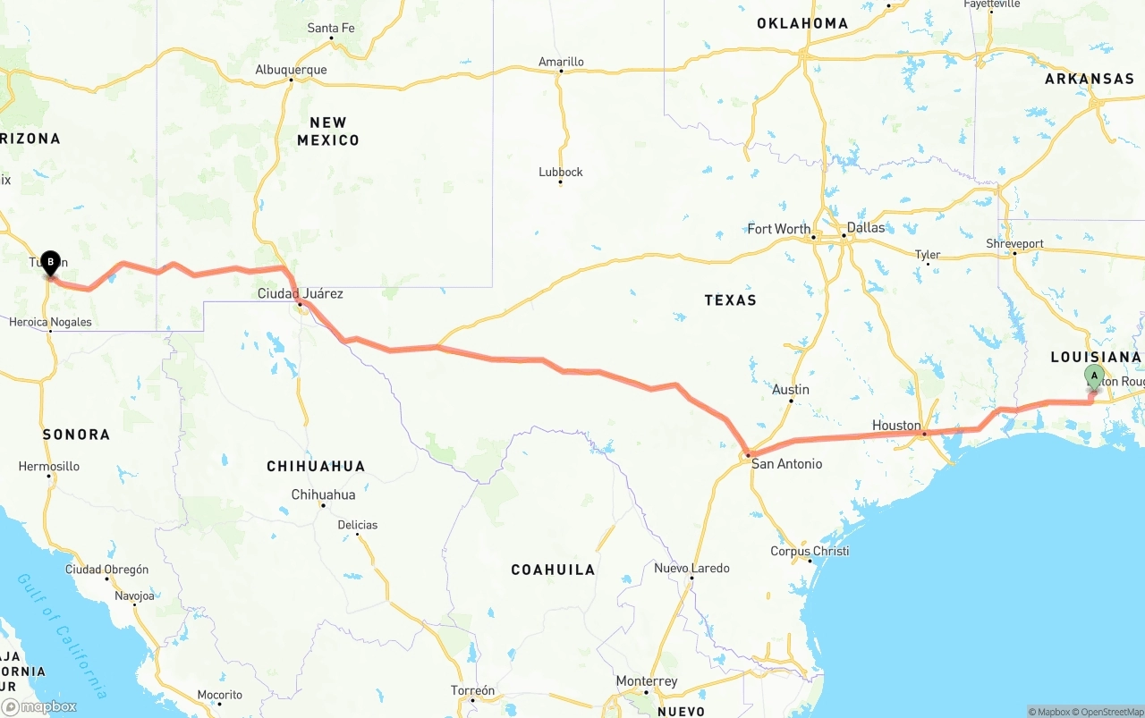 Shipping route from Louisiana to Tucson International Airport