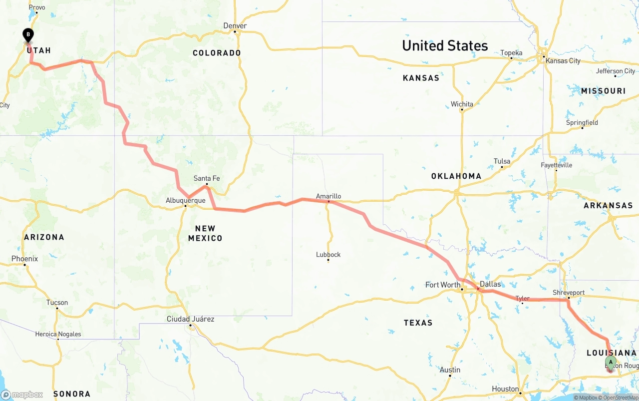 Shipping route from Louisiana to Utah