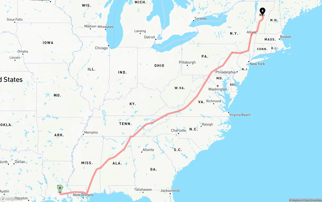 Shipping route from Louisiana to Vermont
