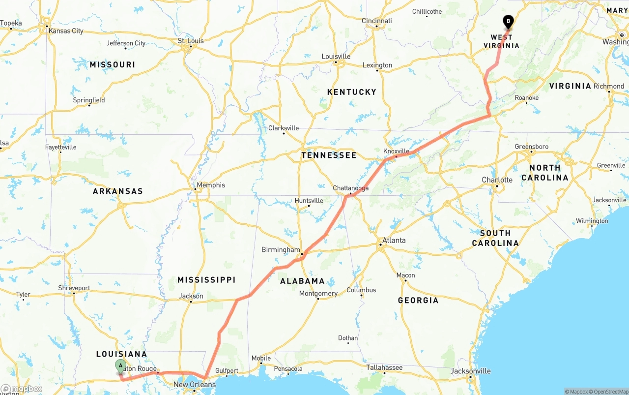Shipping route from Louisiana to West Virginia
