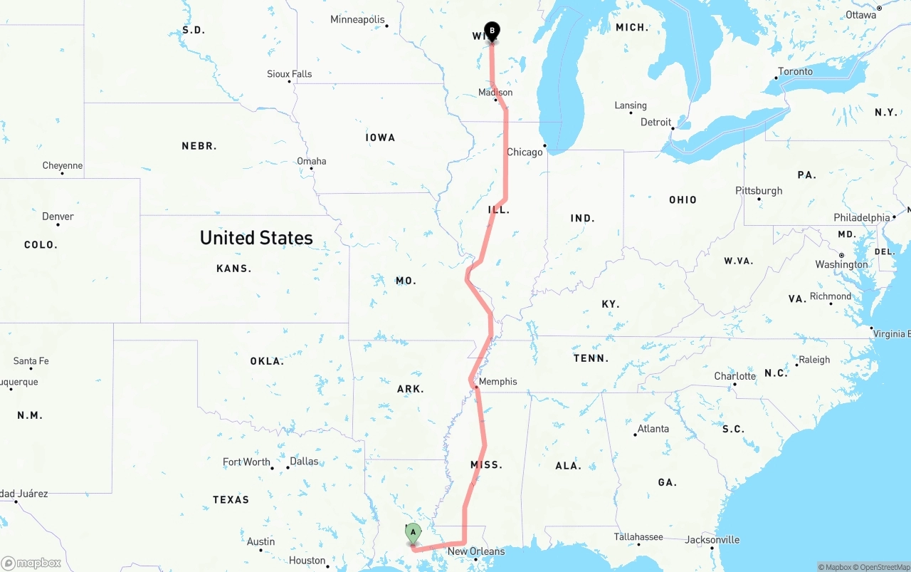 Shipping route from Louisiana to Wisconsin