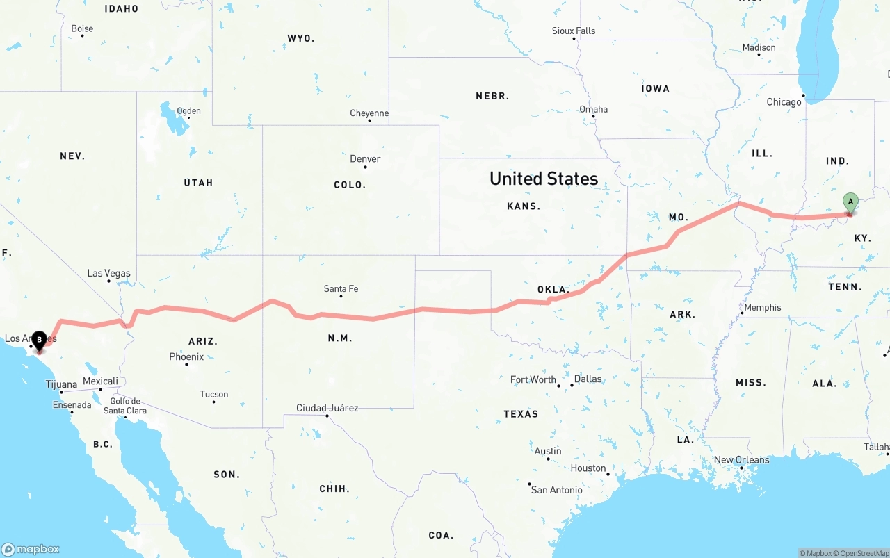 Shipping route from Louisville to Anaheim