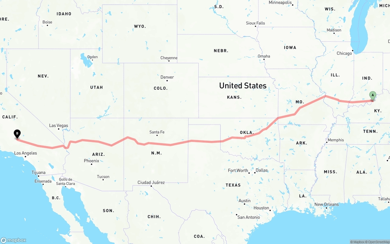 Shipping route from Louisville to Bakersfield