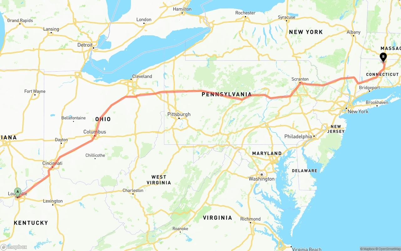 Shipping route from Louisville to Bradley International Airport