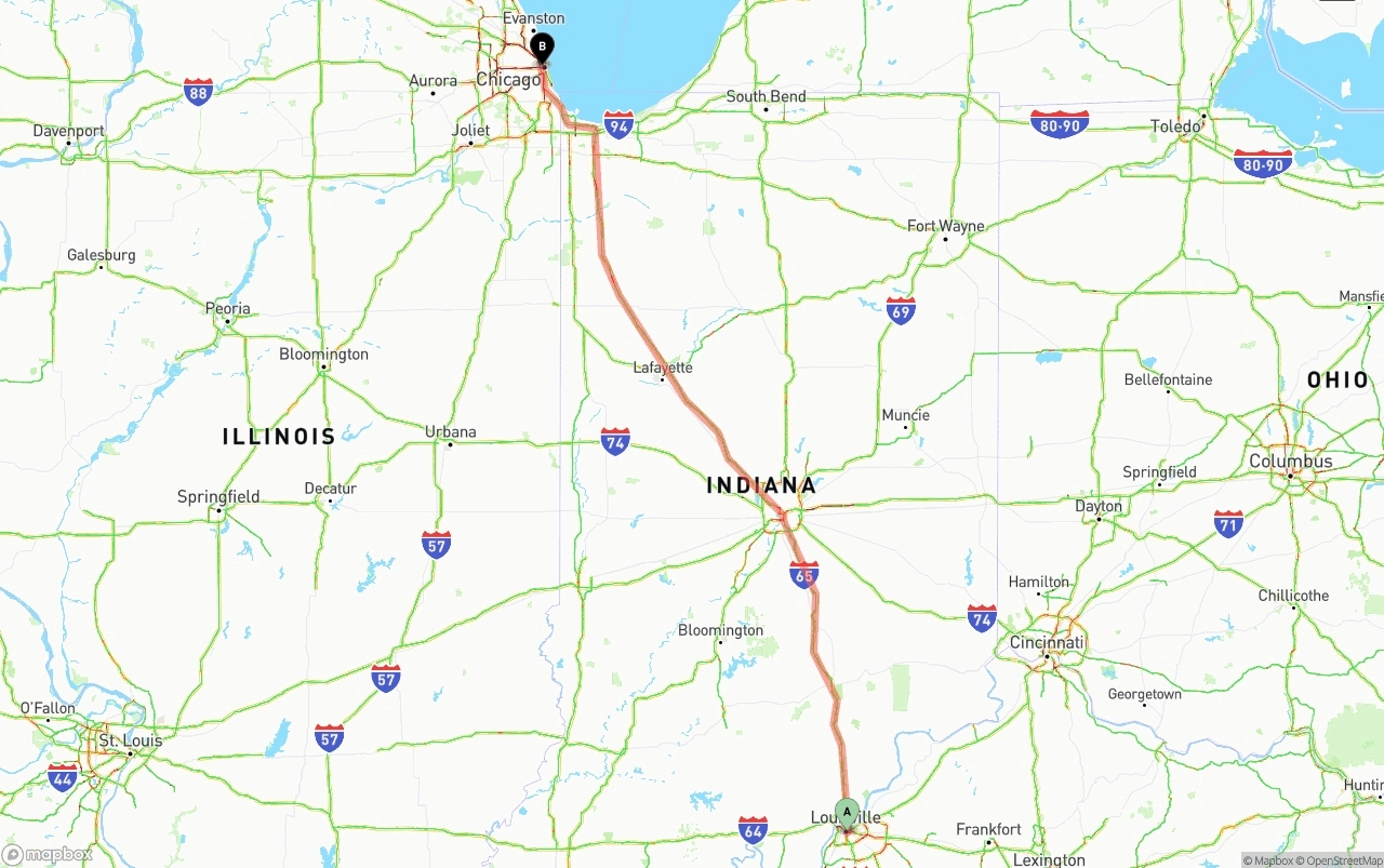 Shipping route from Louisville to Chicago
