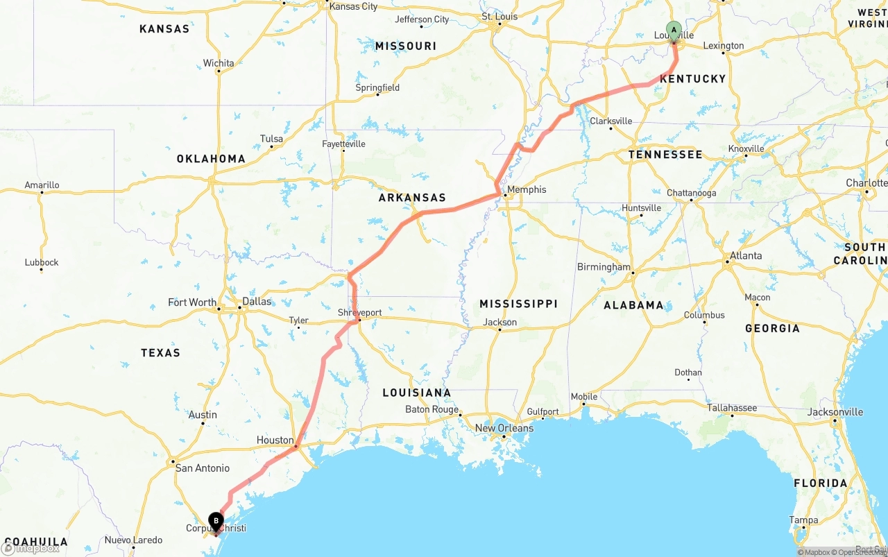 Shipping route from Louisville to Corpus Christi