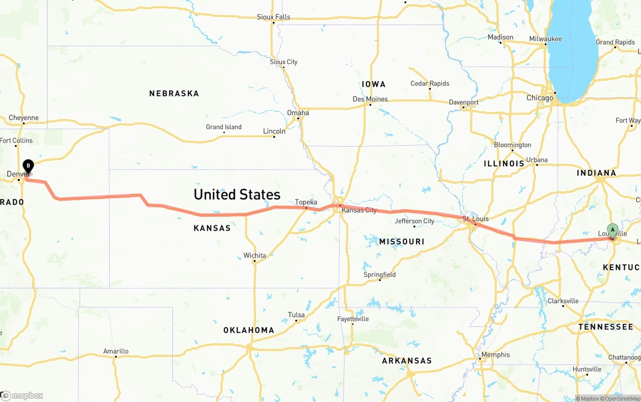 Shipping route from Louisville to Denver International Airport