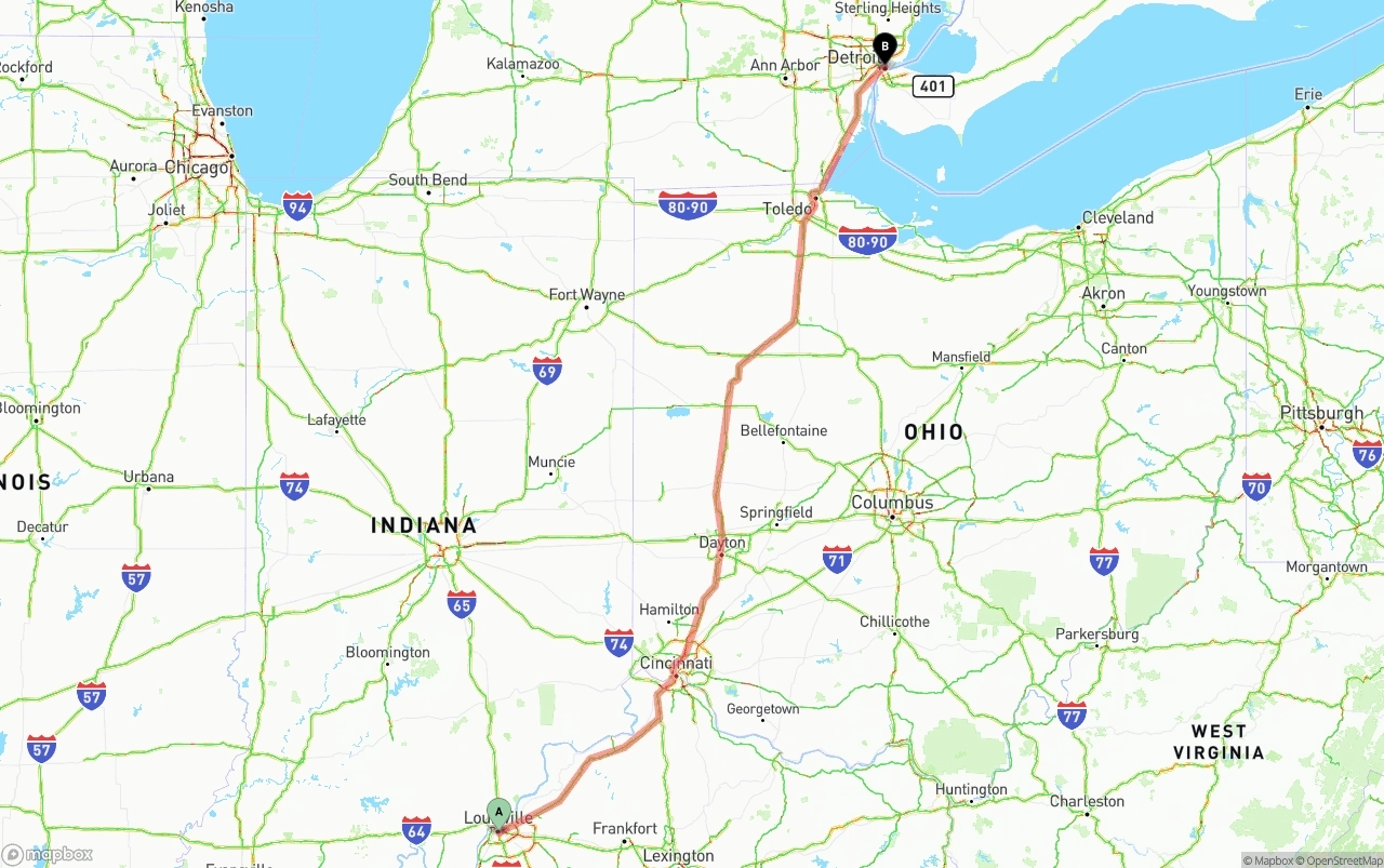 Shipping route from Louisville to Detroit