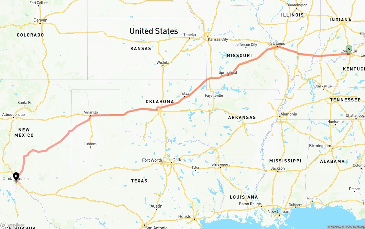 Shipping route from Louisville to El Paso