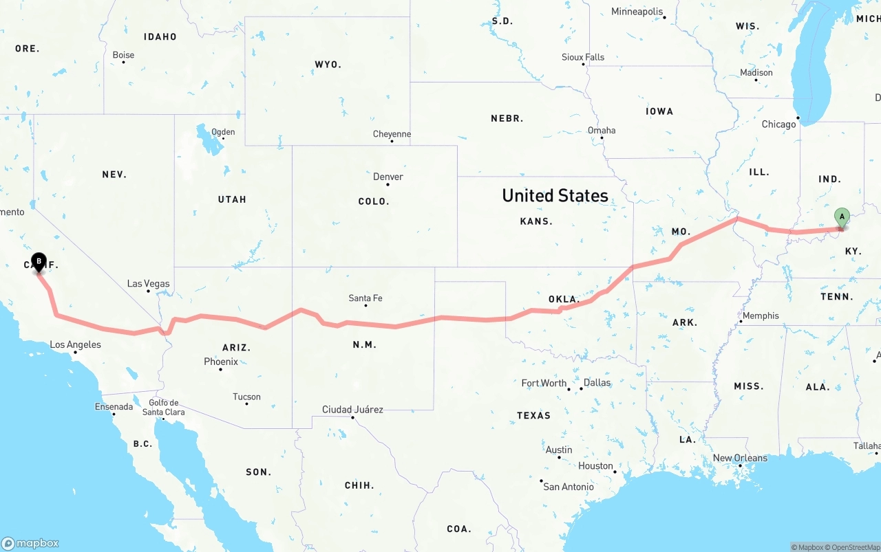 Shipping route from Louisville to Fresno