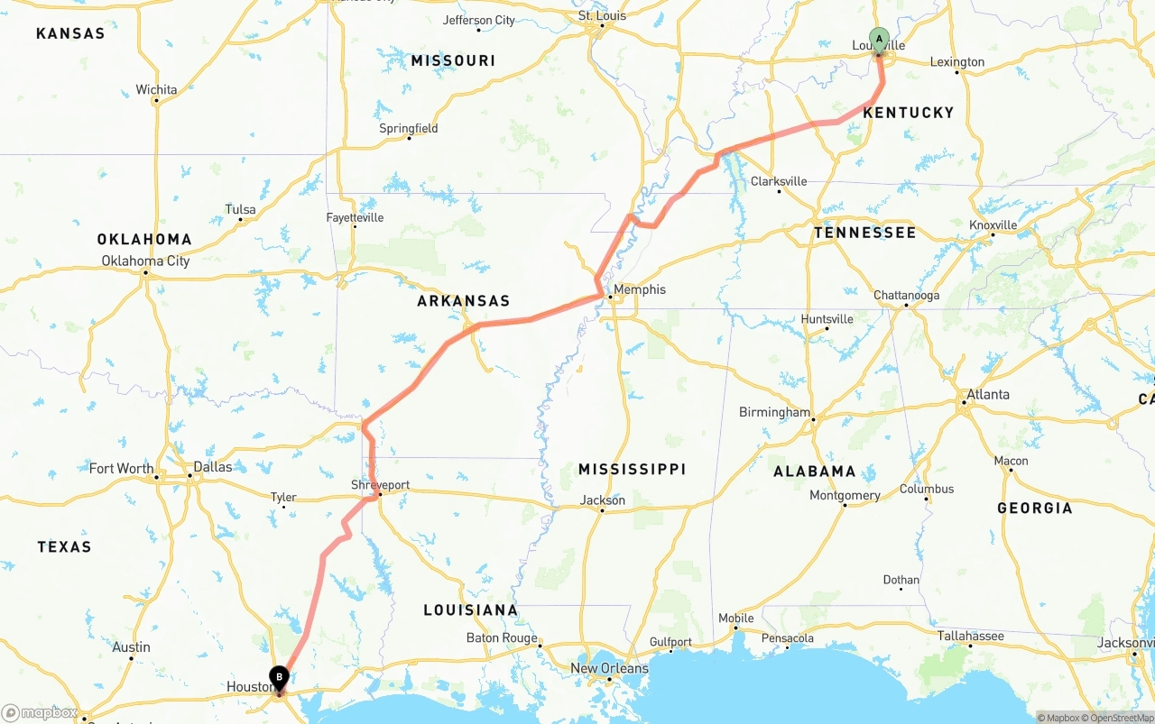 Shipping route from Louisville to Houston