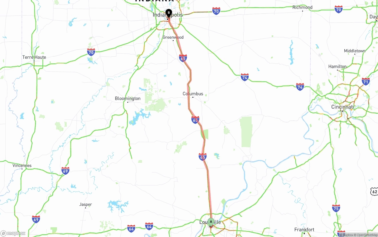 Shipping route from Louisville to Indianapolis