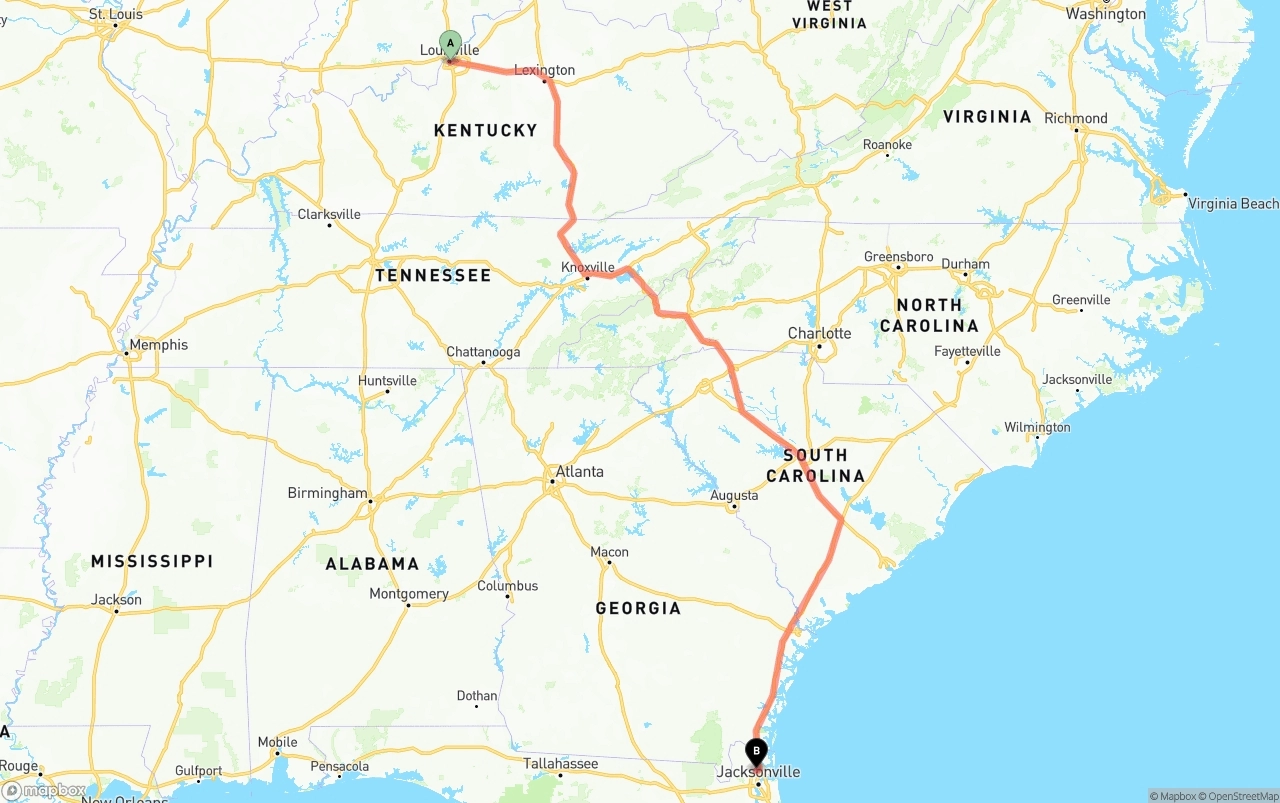 Shipping route from Louisville to Jacksonville International Airport