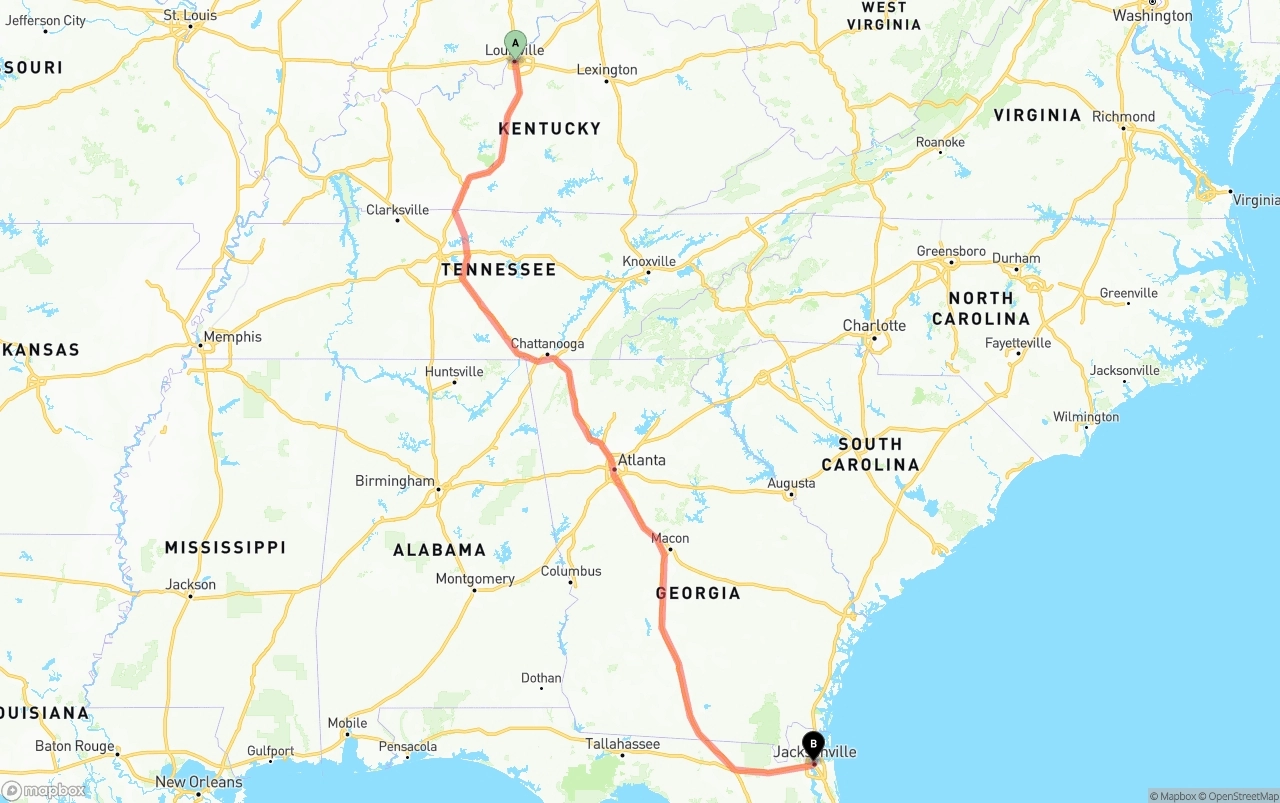 Shipping route from Louisville to Jacksonville