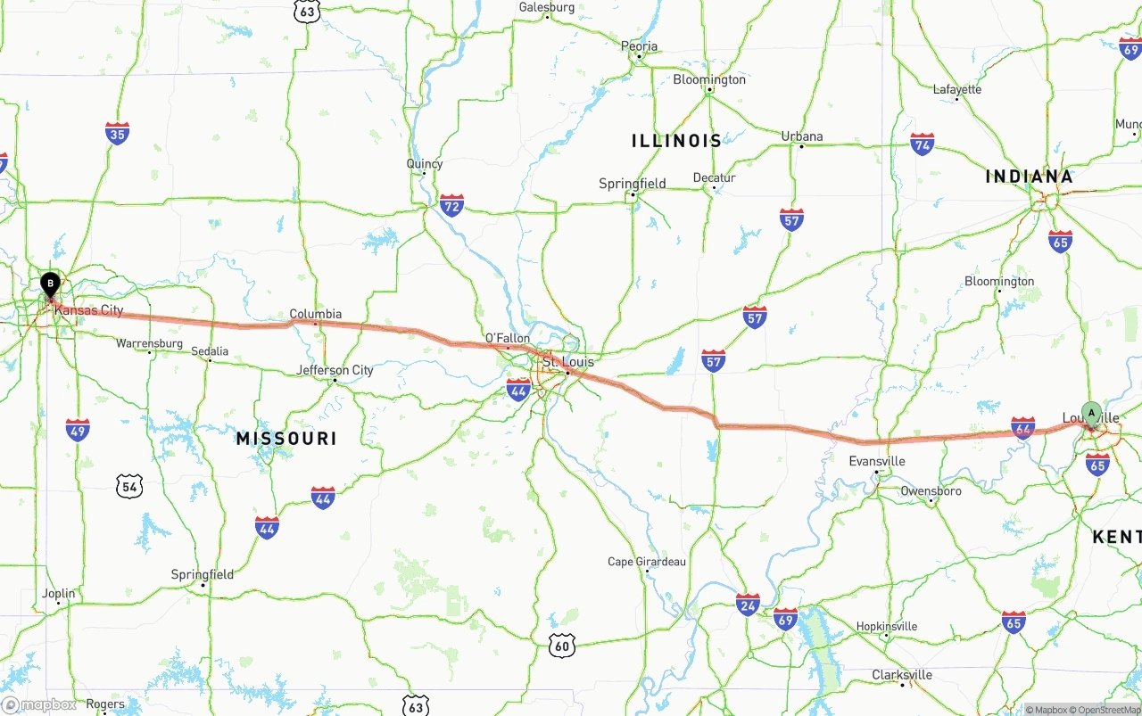 Shipping route from Louisville to Kansas City