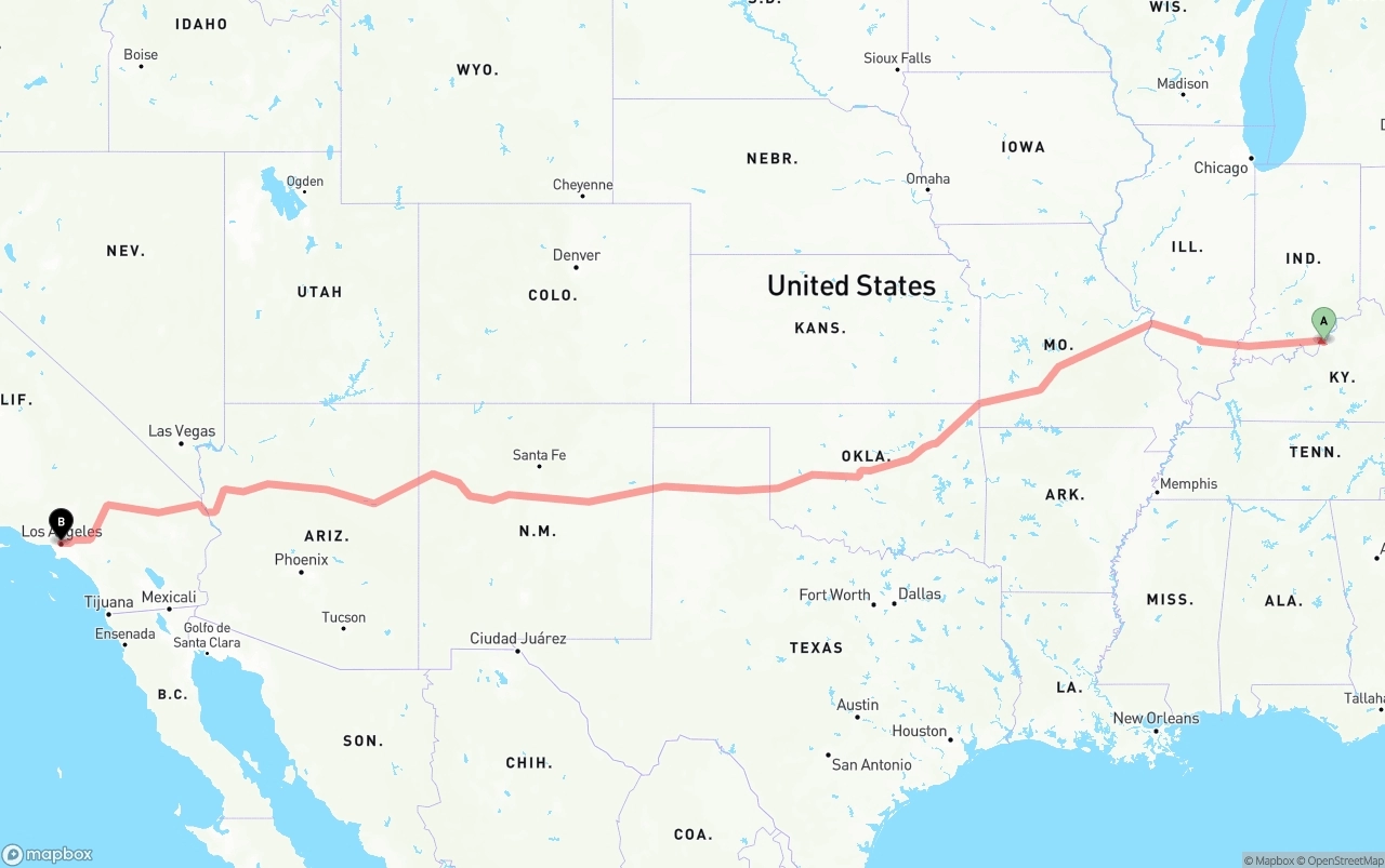 Shipping route from Louisville to Los Angeles
