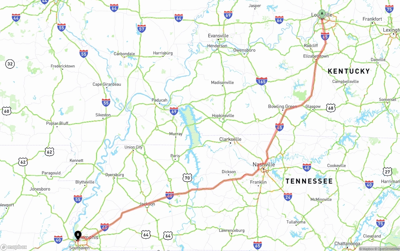 Shipping route from Louisville to Memphis