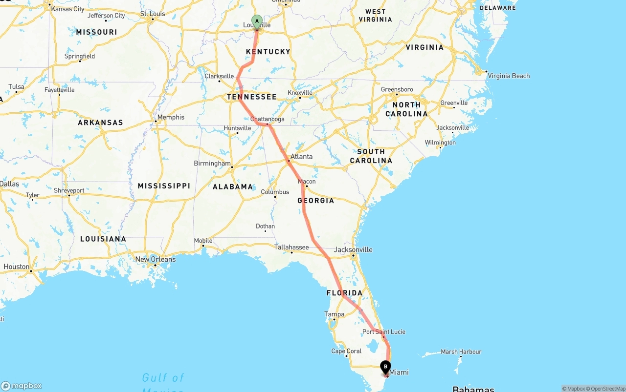 Shipping route from Louisville to Miami International Airport