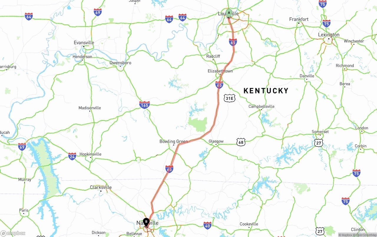 Shipping route from Louisville to Nashville