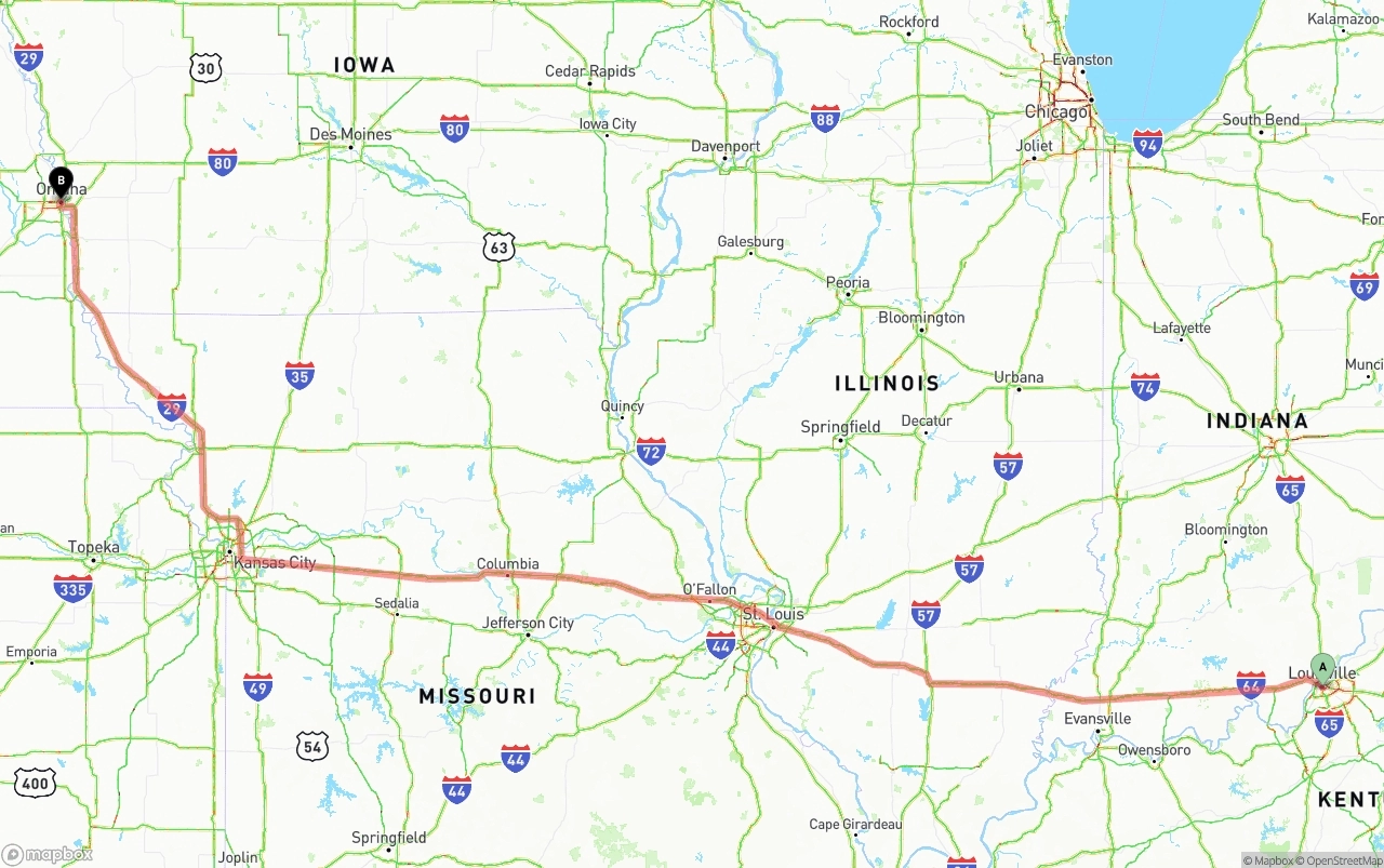 Shipping route from Louisville to Omaha