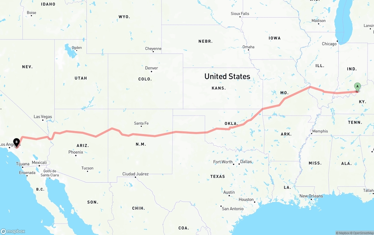 Shipping route from Louisville to Ontario International Airport