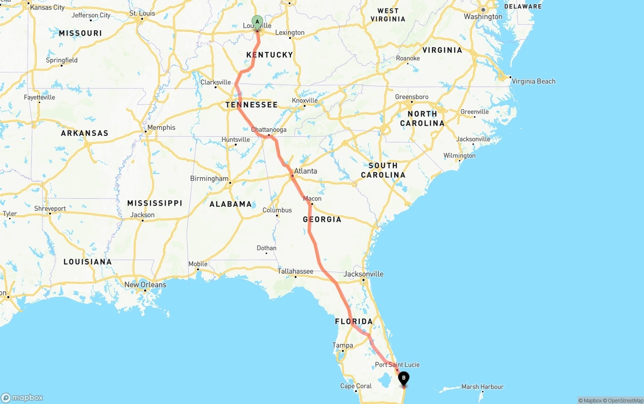 Shipping route from Louisville to Palm Beach International Airport