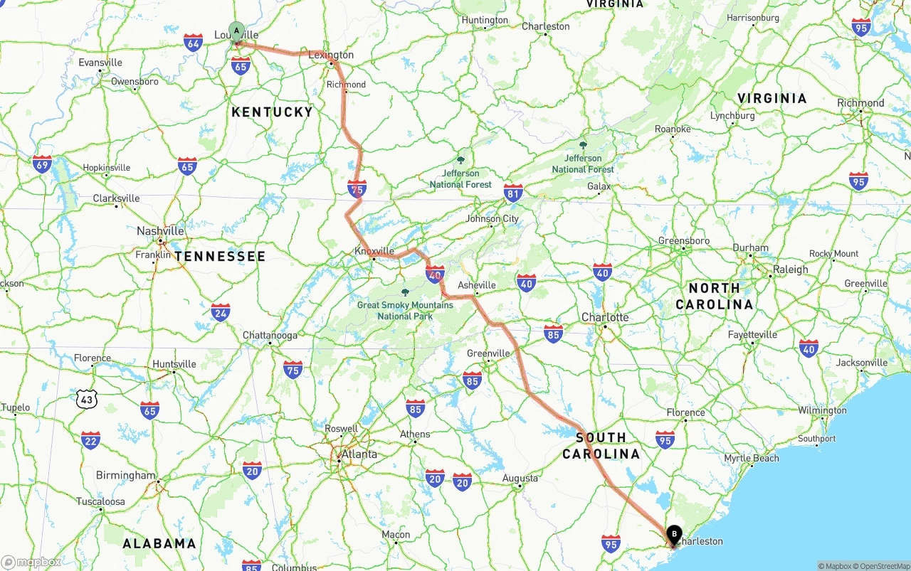 Shipping route from Louisville to Port of Charleston