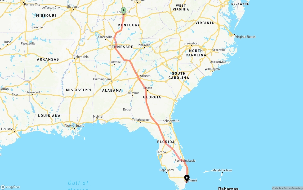 Shipping route from Louisville to Port of Miami
