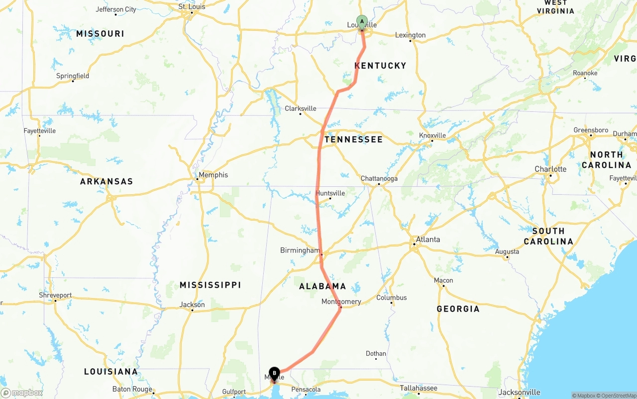 Shipping route from Louisville to Port of Mobile