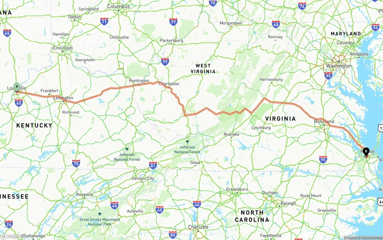 Shipping route from Louisville to Port of Norfolk