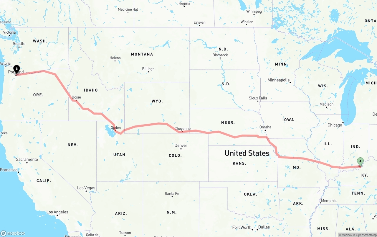 Shipping route from Louisville to Portland International Airport