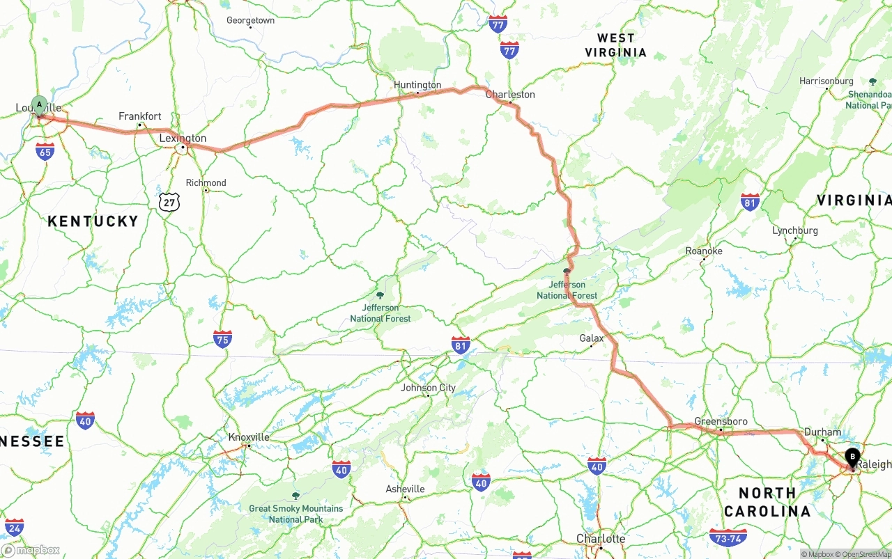 Shipping route from Louisville to Raleigh
