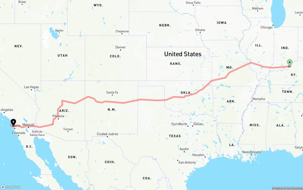 Shipping route from Louisville to San Diego International Airport